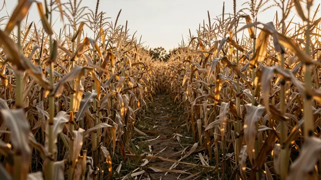 A narrow dirt path cuts through tall dry corn stalks glowing in warm golden hour light