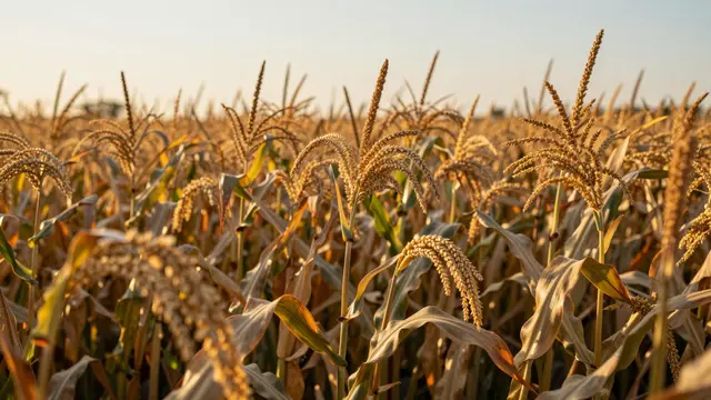Ripe corn stalks glow in warm low golden hour sunlight across a dense field