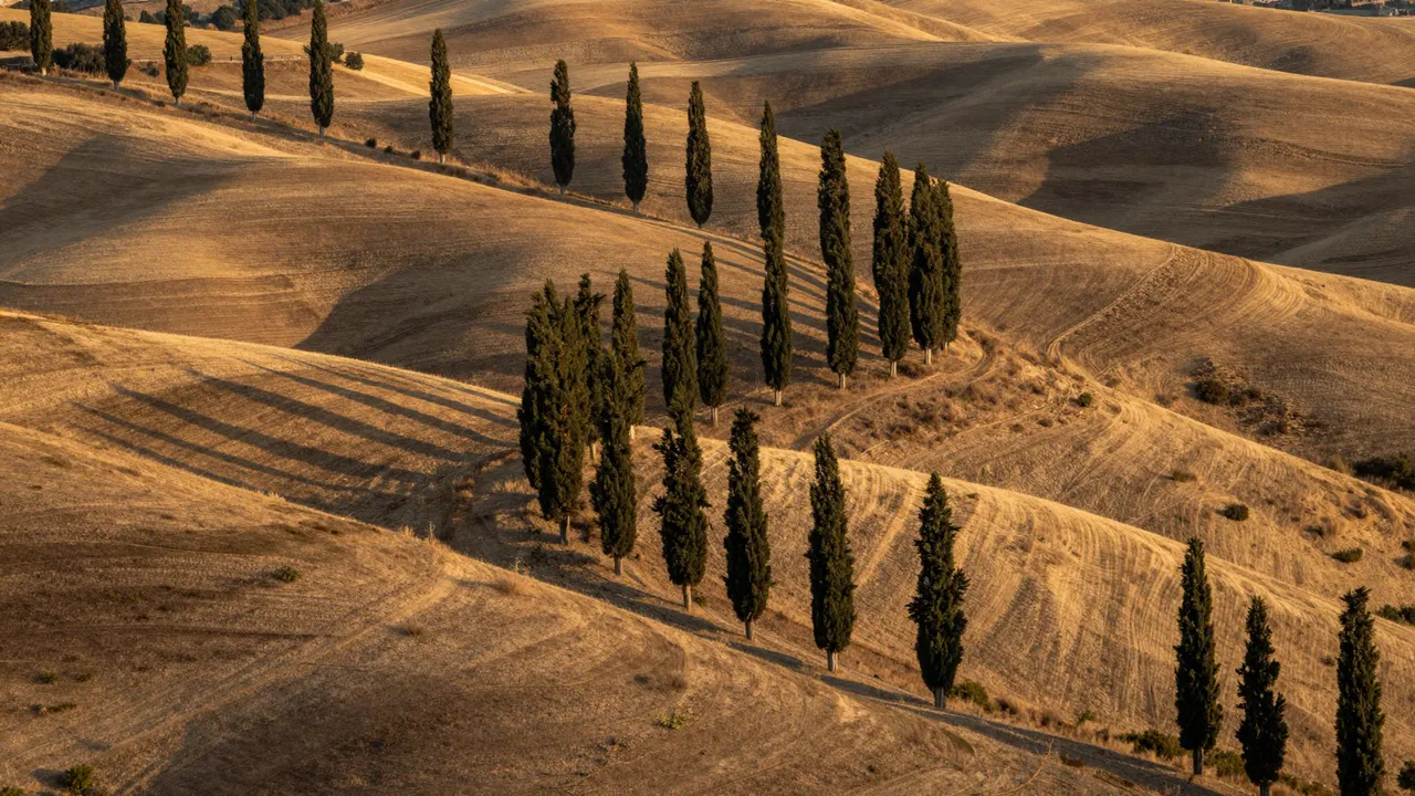 Warm golden hour light falls over rolling dry agricultural hills dotted with tall cypress trees