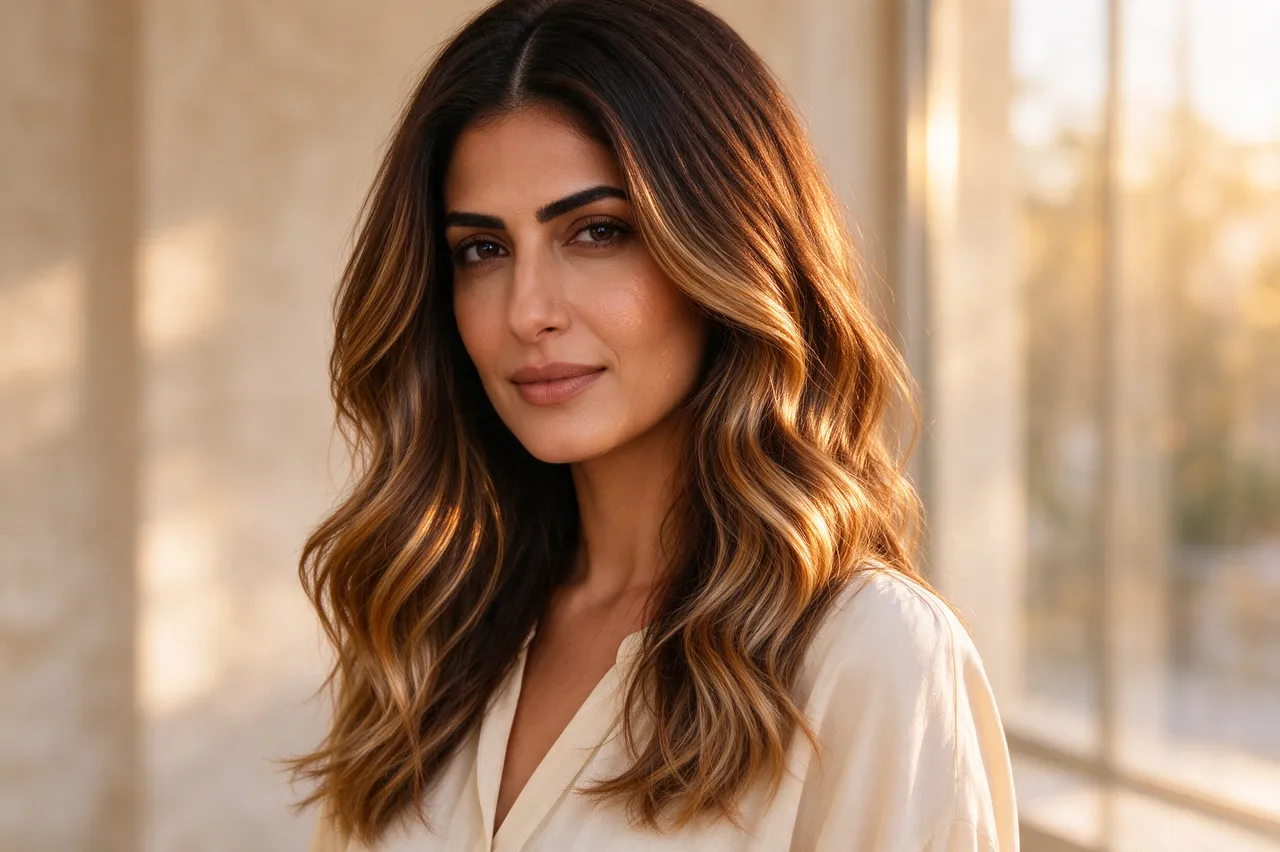 Portrait of a woman in her thirties with caramel balayage hair lit by soft golden hour light