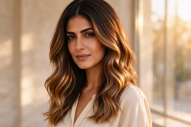 Portrait of a woman in her thirties with caramel balayage hair lit by soft golden hour light