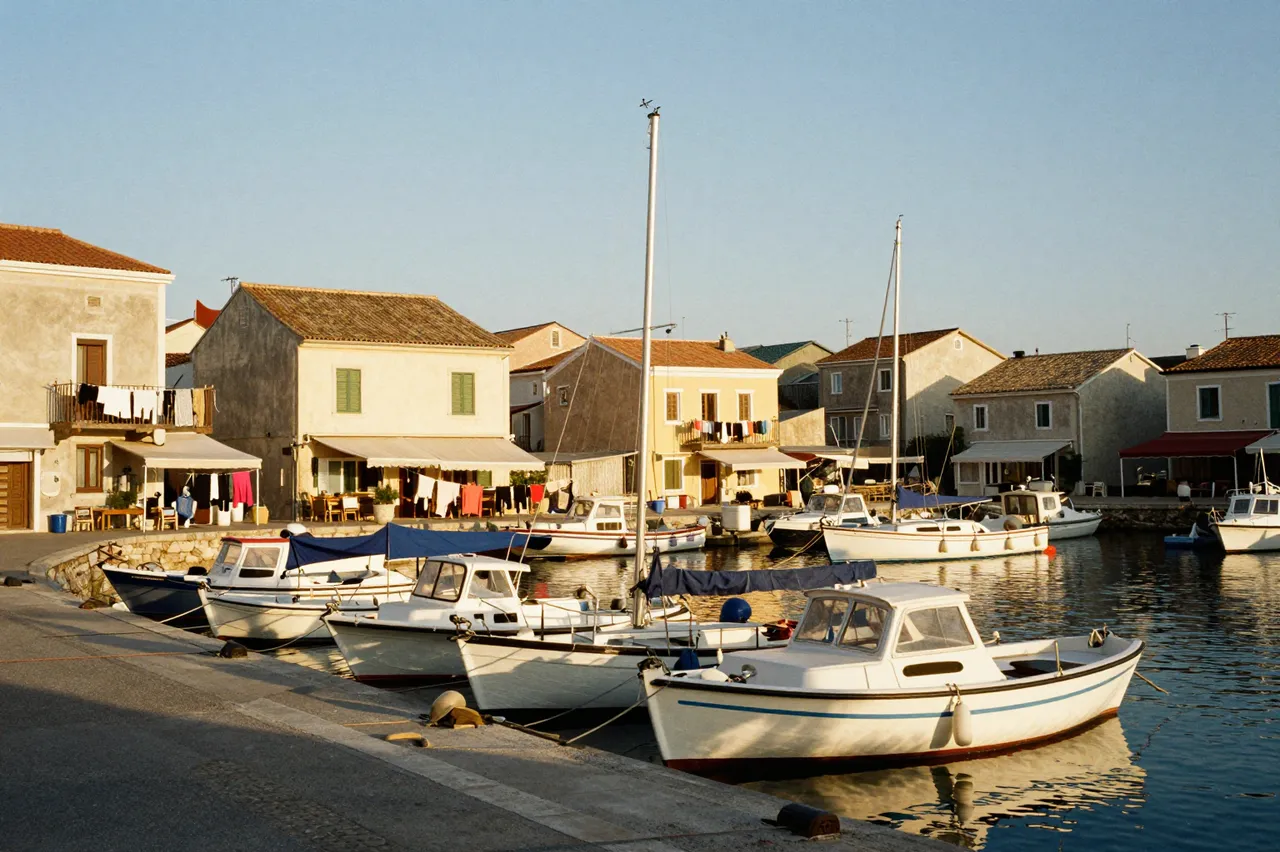 Small moored boats line the quay of a sunlit coastal harbor town at golden hour