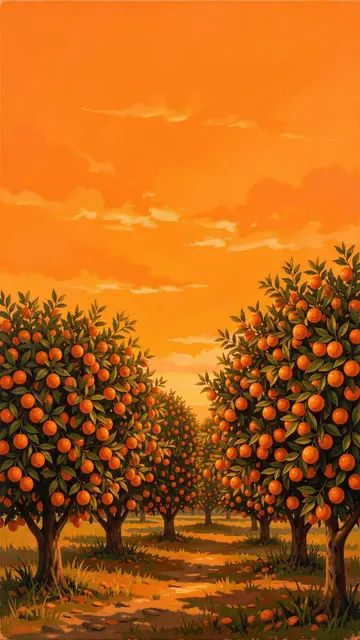A painted orange grove under a warm tangerine sky at golden hour