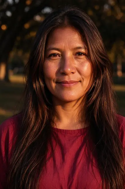 Warm golden hour close-up portrait of a woman with long dark hair and a red top outdoors