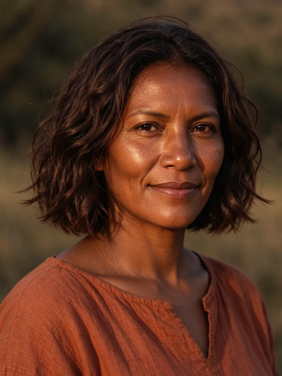 Headshot portrait of an Indigenous woman in her thirties standing outdoors in warm golden hour light