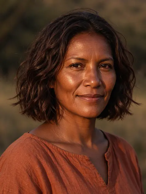 Headshot portrait of an Indigenous woman in her thirties standing outdoors in warm golden hour light