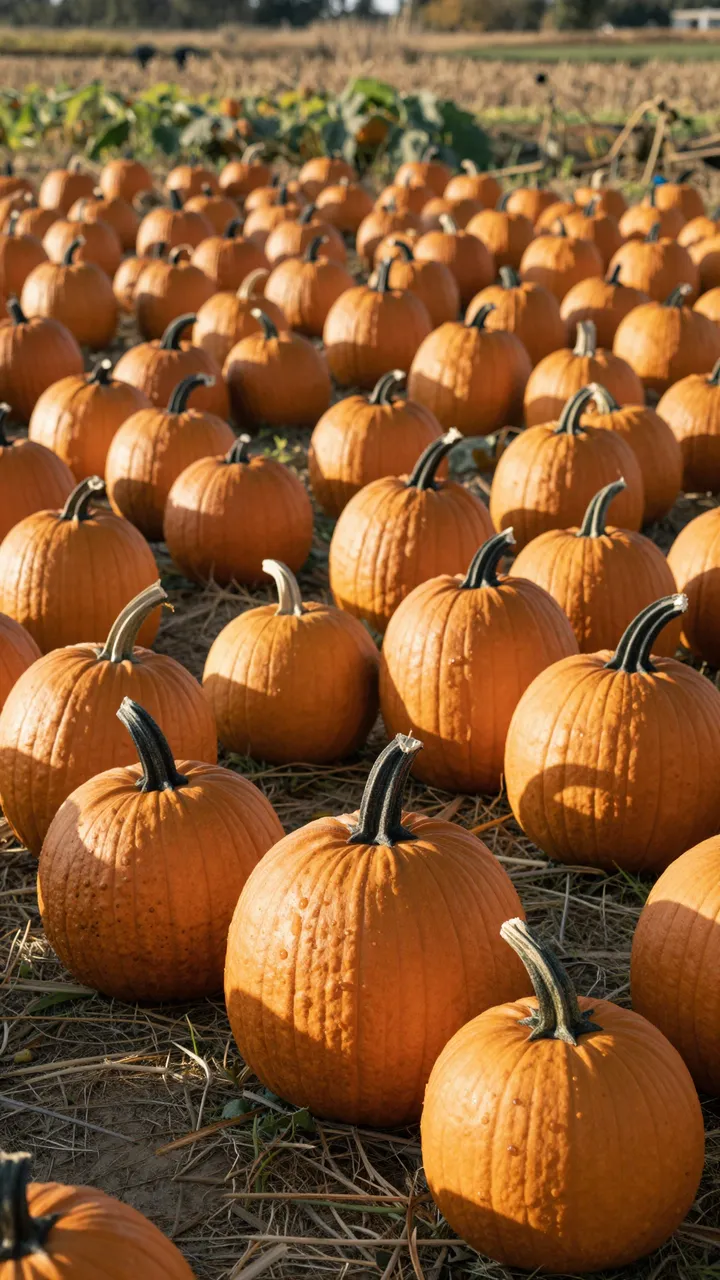 Rows of ripe orange pumpkins spread across a farm patch in warm late afternoon golden sunlight