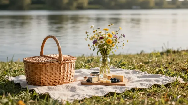 A no-person picnic setup with wicker basket, cheese board and wildflowers rests on a blanket by a calm river at golden hour