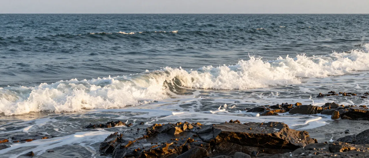 Ocean waves roll onto a dark rocky shore under warm golden hour light