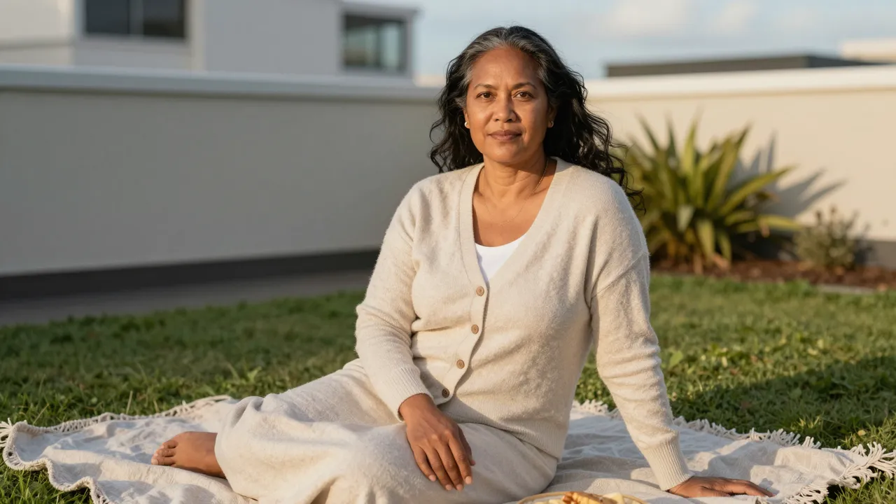 Middle aged Pacific Islander woman sits on a linen picnic blanket in a rooftop garden at golden hour