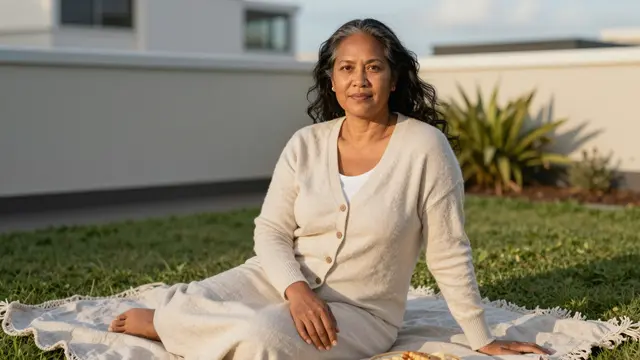 Middle aged Pacific Islander woman sits on a linen picnic blanket in a rooftop garden at golden hour