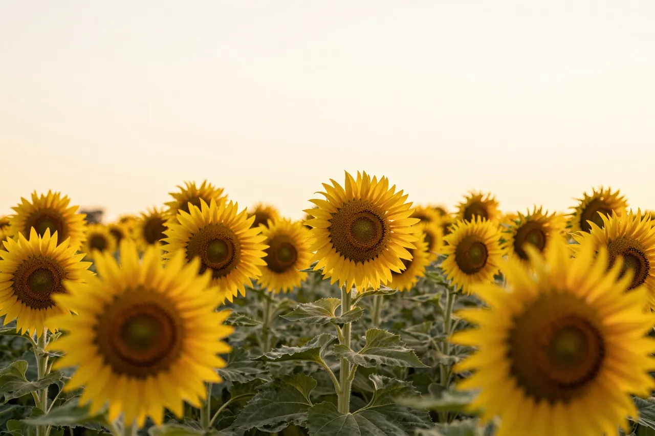 A field of sunflowers glows under warm soft golden hour backlight, with foreground blooms gently out of focus.