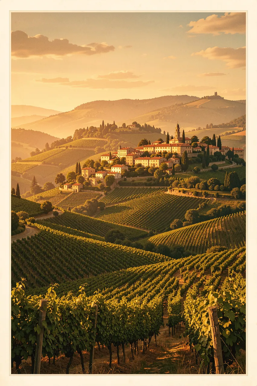 Terraced vineyard hills rise to a sunlit hilltop village under warm golden hour skies