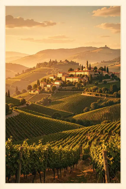 Terraced vineyard hills rise to a sunlit hilltop village under warm golden hour skies