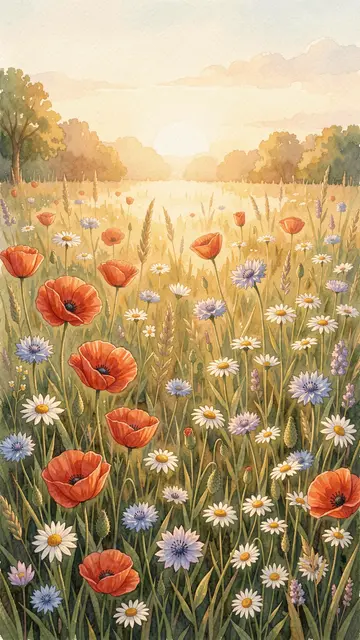 A gouache illustration of a wildflower meadow with poppies, cornflowers and chamomile under warm golden hour light