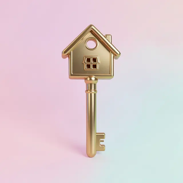A 3D rendered golden key with a house-shaped bow stands against a soft pastel gradient background