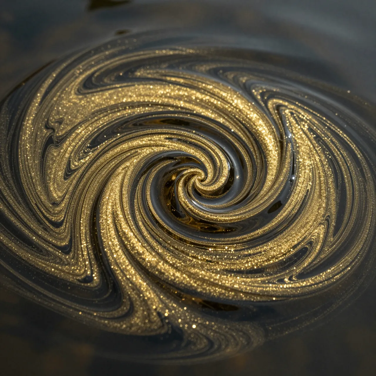 Glittering gold ink swirls into a tight spiral through dark glossy water