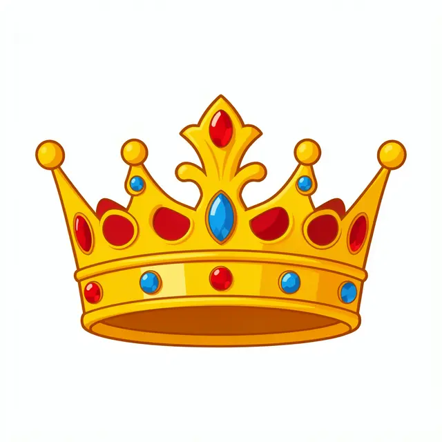 Flat cartoon style golden crown inlaid with red and blue gemstones, isolated on a plain white background