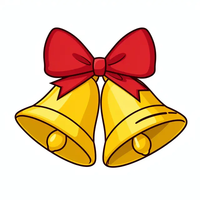 Flat cartoon illustration of a pair of shiny golden jingle bells tied with a bright red bow, isolated on a plain white