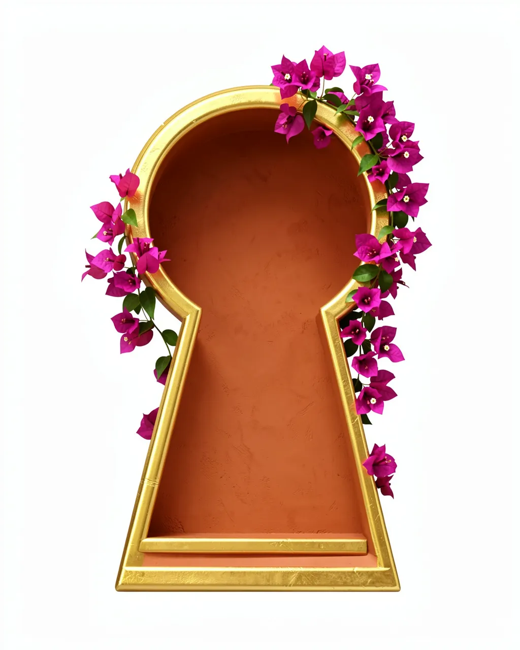 A gilded keyhole arch shelf lined with trailing magenta bougainvillea and empty terracotta interior against white