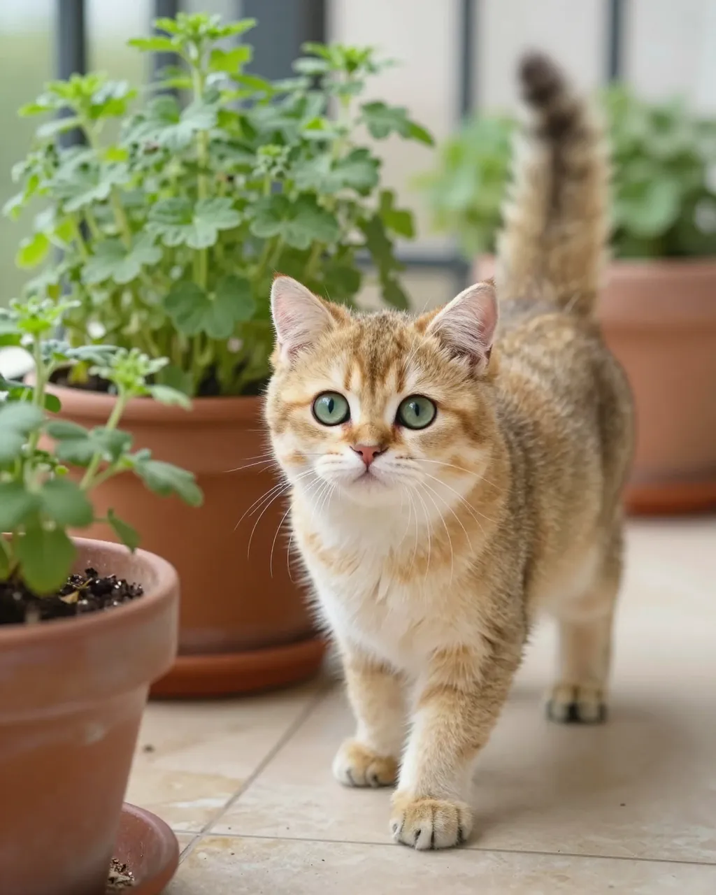 A golden British Shorthair kitten with round green eyes stands among potted herb plants on a tiled balcony.
