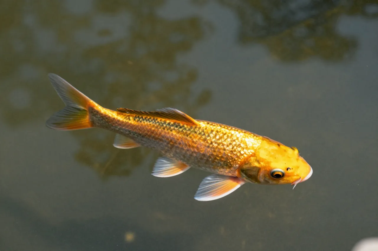 A top-down view of a shimmering golden koi fish swimming just below the surface of a pond