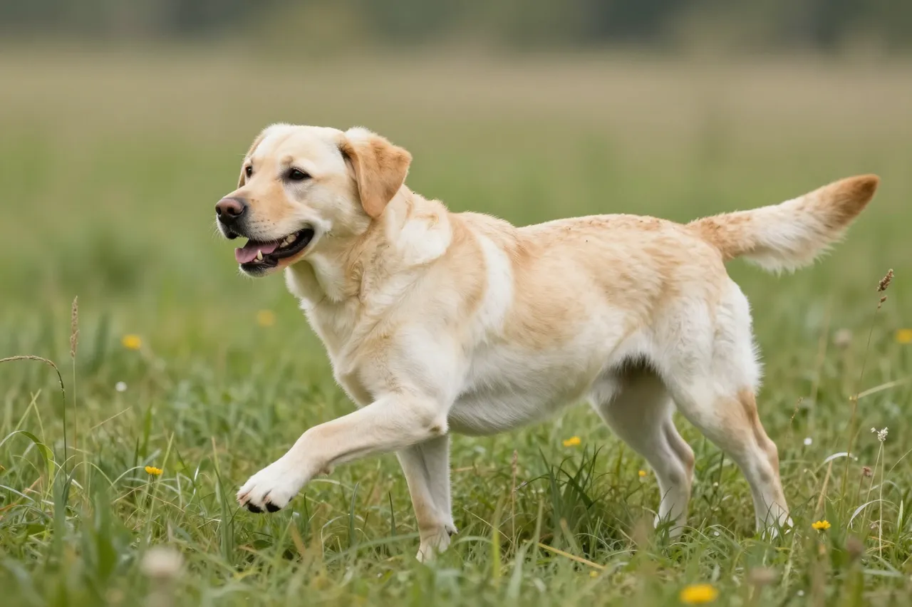 Yellow Labrador retriever moves through tall sunlit grass in a summer meadow