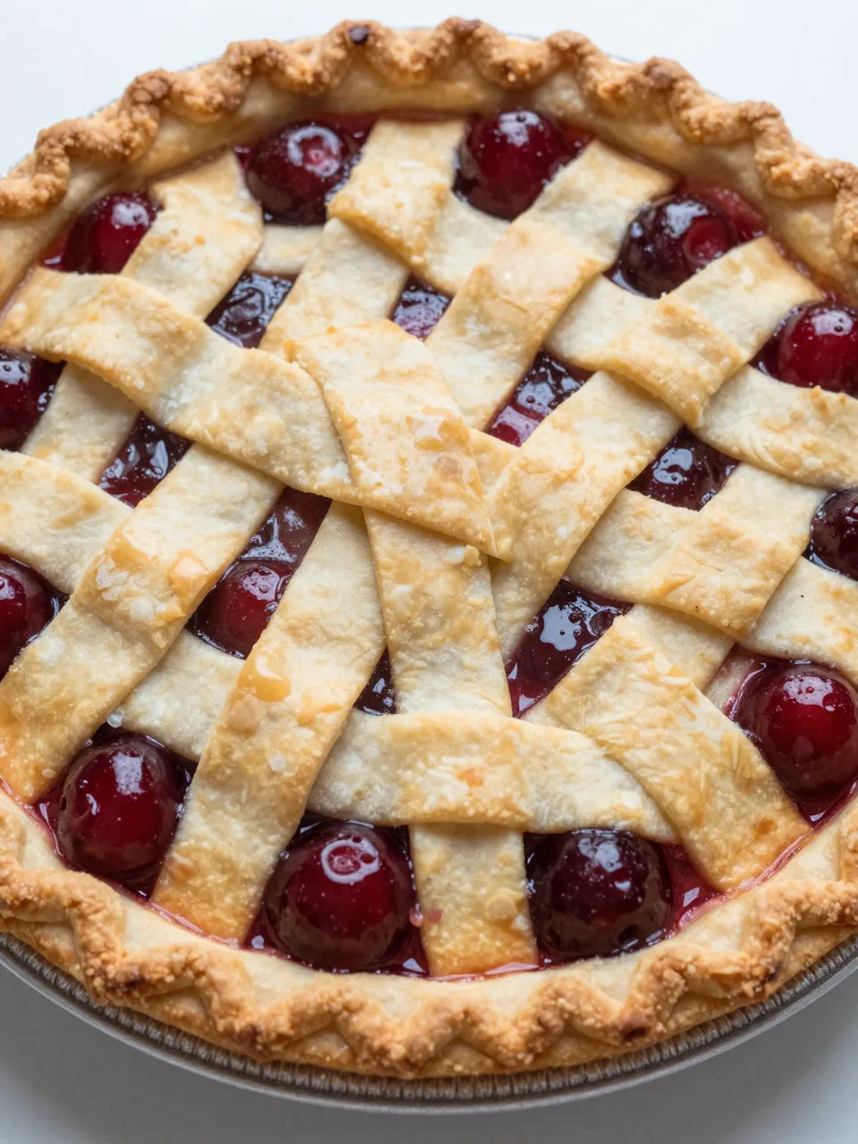 Close-up overhead view of a freshly baked cherry pie with a golden woven lattice crust