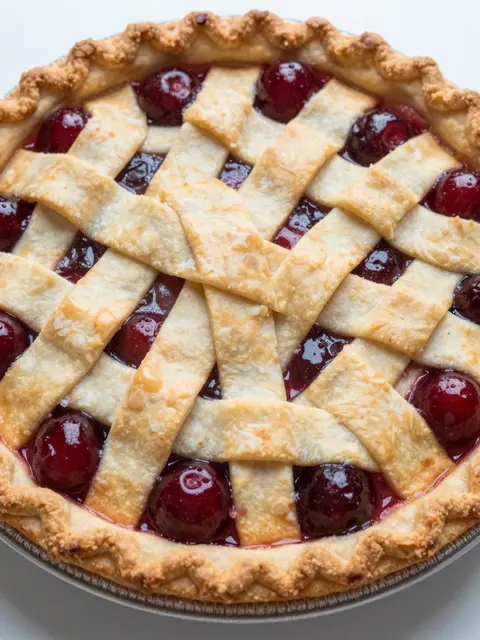 Close-up overhead view of a freshly baked cherry pie with a golden woven lattice crust