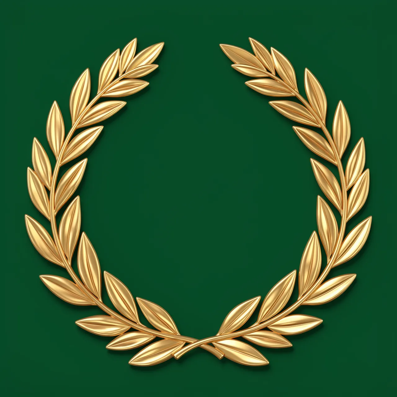 Polished open-top gold laurel wreath rests on a solid deep green background