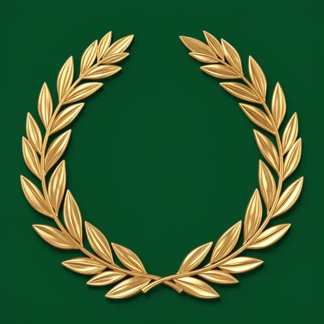 Polished open-top gold laurel wreath rests on a solid deep green background