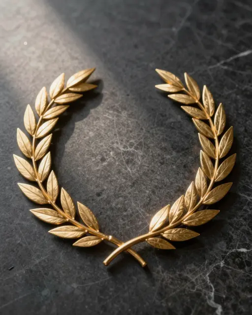 A polished golden laurel wreath rests on dark veined marble under soft directional spotlighting.