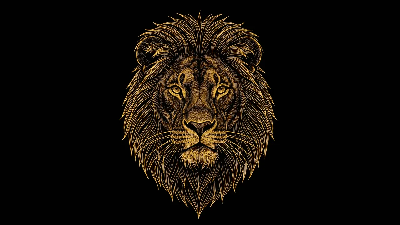 A fine glowing gold line illustration of a majestic lion head centered on a solid matte black background