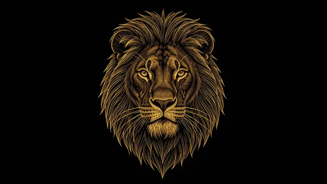 A fine glowing gold line illustration of a majestic lion head centered on a solid matte black background