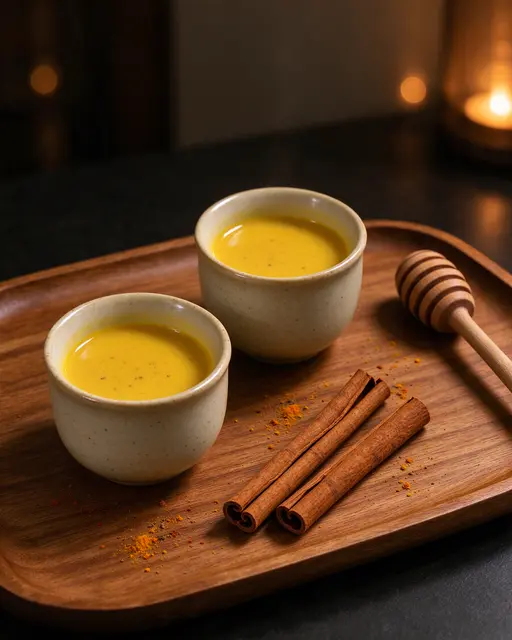 Two ceramic cups of golden milk sit on a wooden tray with cinnamon sticks and a honey dipper in warm evening light
