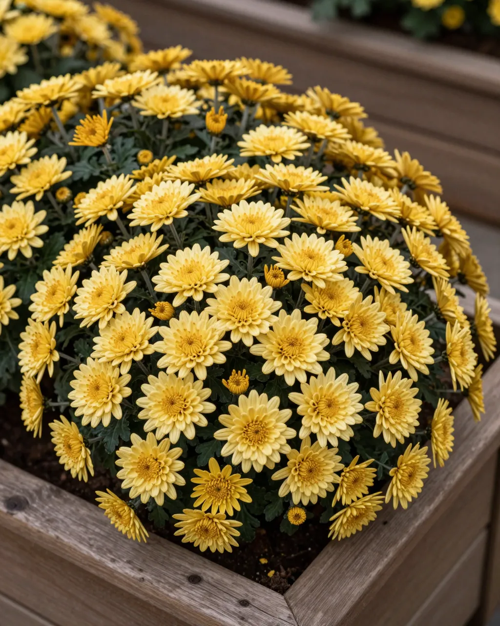 Blooming yellow garden chrysanthemums fill a rustic raised wooden garden bed under soft overcast light.