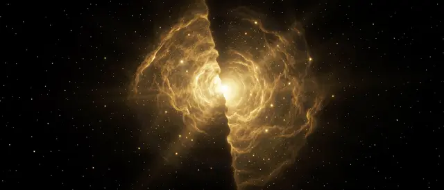 A glowing golden nebula is split by a dark dust lane against a field of distant stars in deep space