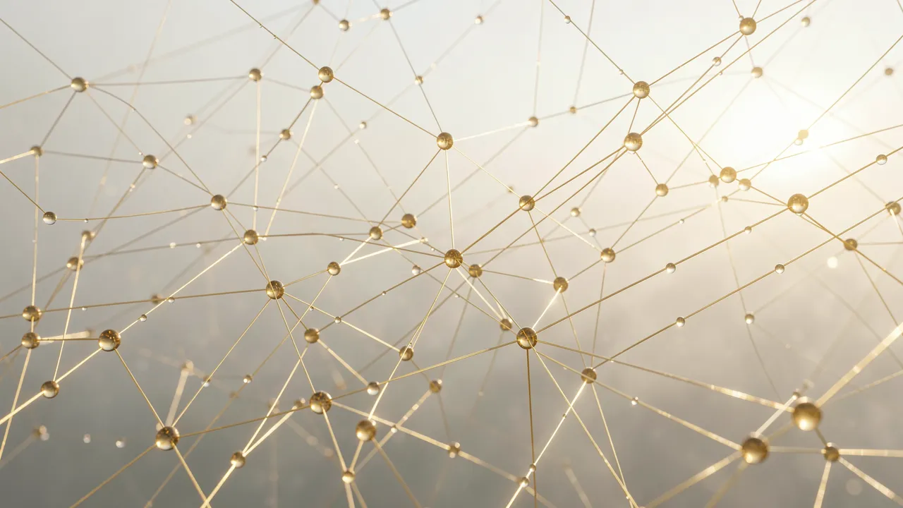 Interconnected golden node network stretches across soft pale misty morning light