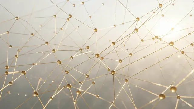 Interconnected golden node network stretches across soft pale misty morning light