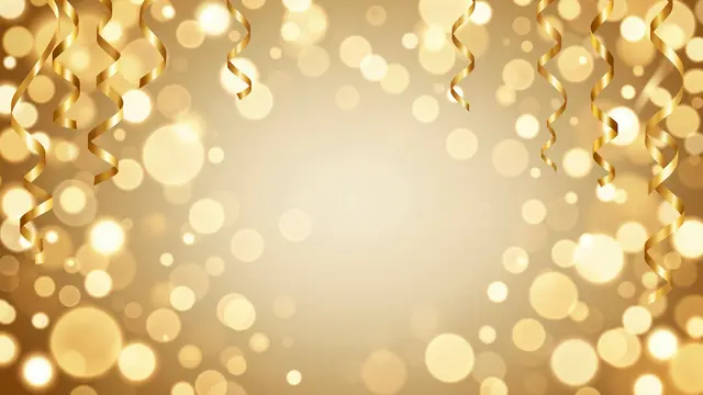 Warm gold bokeh lights hang above a blank central space, framed by dangling gold curly streamers