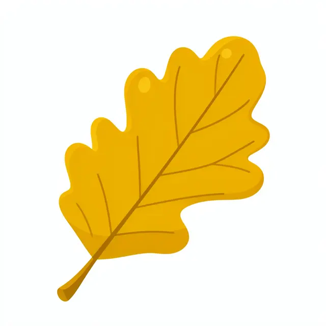 Flat clipart illustration of a rounded golden yellow oak leaf isolated on a plain white background