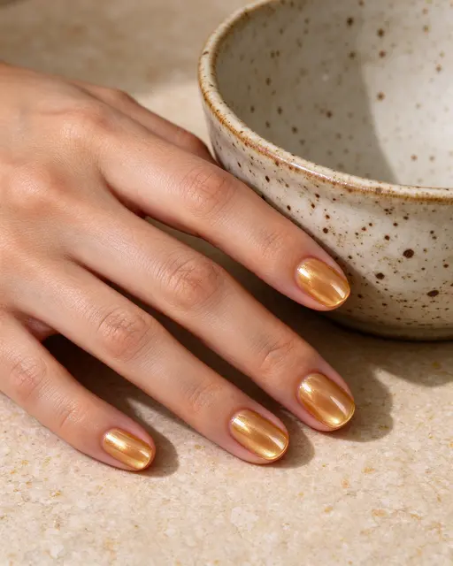 Close-up of an adult hand with glossy golden ochre nail polish resting next to a speckled stoneware bowl on a neutral surface