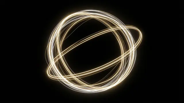 Glowing white and gold light trails curve in a spherical pattern against a solid black background