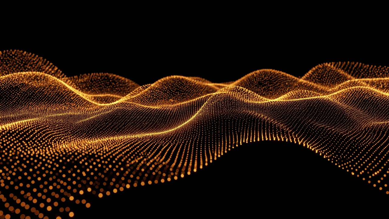 Undulating wave of glowing golden amber particles spreads across a solid black background