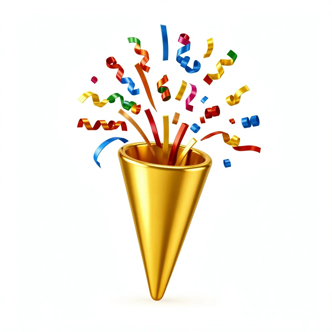 Glossy golden 3D party popper bursting with colorful curly confetti against a plain white background
