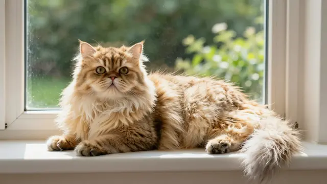 Long-haired golden Persian cat rests on a white window sill overlooking a blurred green sunlit garden.