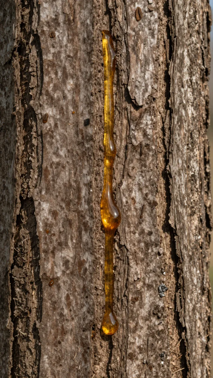 Glossy golden pine resin drips vertically down rough textured brown tree bark in a close-up macro view