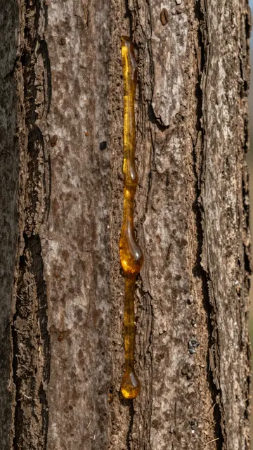 Glossy golden pine resin drips vertically down rough textured brown tree bark in a close-up macro view