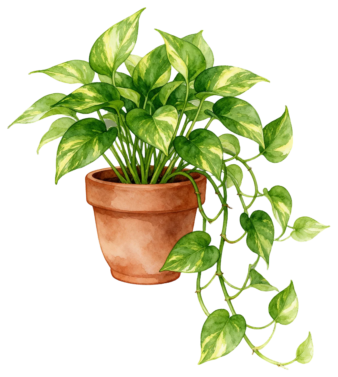 Watercolor illustration of a variegated golden pothos houseplant in a terracotta pot with trailing vines