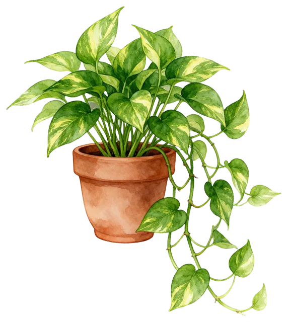 Watercolor illustration of a variegated golden pothos houseplant in a terracotta pot with trailing vines